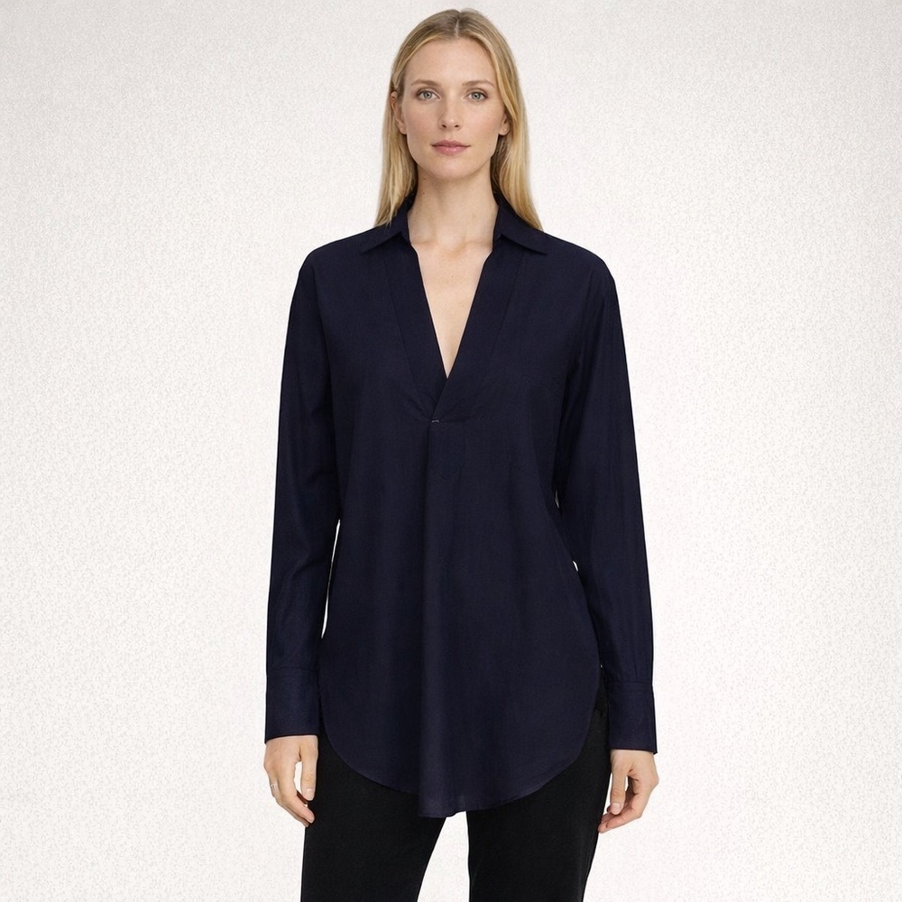 Helmut Lang Shirt Navy Blue Tunic Top Size Small Long Sleeve Collared V Neck